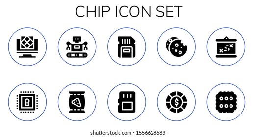 chip icon set. 10 filled chip icons.  Collection Of - Artificial intelligence, Chip, Robot, Chips, Sd card, Memory card, Cookie, Boarding, Biscuit icons