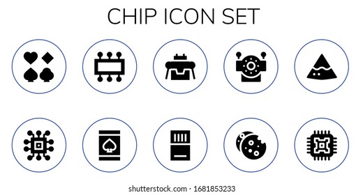 chip icon set. 10 filled chip icons. Included Poker, Chip, Cpu, Online gambling, Robot, Memory card, Cookie, Nachos icons