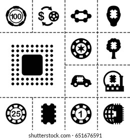 Chip icon. set of 13 filled chipicons such as casino chip and money, cpu in car