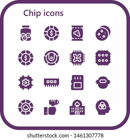 chip icon set. 16 filled chip icons.  Simple modern icons about  - Cookies, Chip, Chips, Cookie, Robot, Cpu, Biscuit, Ram, Memory card, Casino, Technology, Intelligence