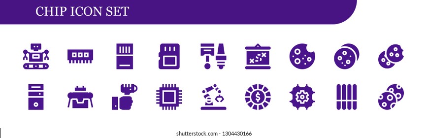chip icon set. 18 filled chip icons.  Collection Of - Robot, Ram, Memory card, Components, Boarding, Cookie, Cpu, Technology, Chip, Cookies