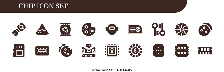 chip icon set. 18 filled chip icons.  Collection Of - Stem, Nachos, Chips, Cookie, Robot, Cpu, Encryption, Memory card, Biscuit, Chip, Ram