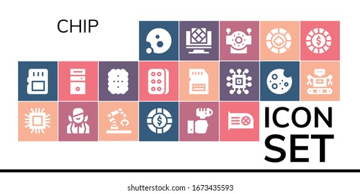 Chip-Icon-Set. 19 gefüllte Chip-Symbole.  Einfache, moderne Symbole wie: Cookie, Speicherkarte, Mikrochip, Croupier, Roboter, Chip, Technologie, Cpu, Biscuit, SD-Karte, Künstliche Intelligenz
