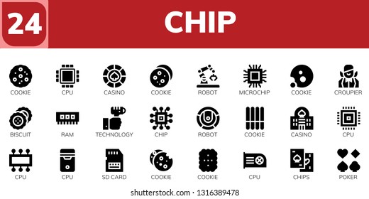 chip icon set. 24 filled chip icons.  Collection Of - Cookie, Cpu, Casino, Robot, Microchip, Croupier, Biscuit, Ram, Technology, Chip, Sd card, Chips, Poker