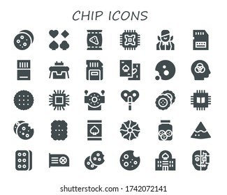 Chipsymbol 30 gefüllte Chip-Symbole. Inbegriffen Cookie, Poker, Chips, Cpu, Croupier, SD-Karte, Memory Card, Robot, Intelligence, Biscuit, Microchip, Automation, Chip, Online-Glücksspielicons