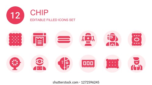 chip icon set. Collection of 12 filled chip icons included Biscuit, Cookies, Cookie, Robot, Cyborg, Roulette, Artificial intelligence, Ram, Chips, Croupier