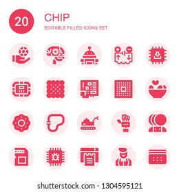 chip icon set. Collection of 20 filled chip icons included Chips, Artificial intelligence, Robot, Electrical circuit, Chip, Poker table, Biscuit, Microchip, Cpu, Cookie, Circuit
