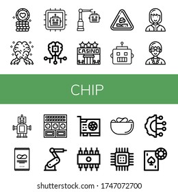 chip icon set. Collection of Poker chip, AI, Cpu, Artificial intelligence, Robot, Casino, Pothole, Technician, Crisps, Cookies, Industrial robot, Video card, Rom, Gambling icons