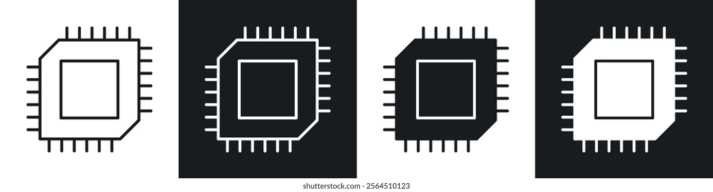 Chip icons collection in black filled and line style.