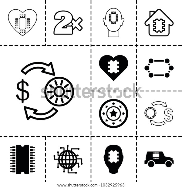 Chip icons. set of 13 editable\
filled and outline chip icons such as cpu in head, cpu in\
heart