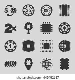 Chip icons set. set of 16 chip filled icons such as cookie, cpu