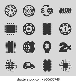 Chip icons set. set of 16 chip filled icons such as cookie, cpu