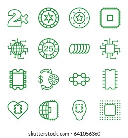 Chip icons set. set of 16 chip outline icons such as cookie, cpu