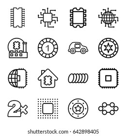 Chip icons set. set of 16 chip outline icons such as cookie, cpu