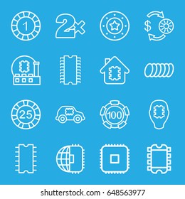 Chip icons set. set of 16 chip outline icons such as cookie, cpu