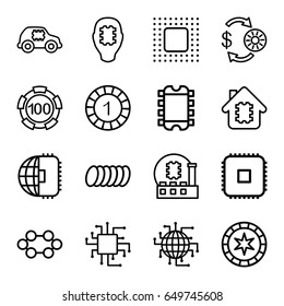Chip icons set. set of 16 chip outline icons such as cookie, cpu