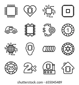 Chip icons set. set of 16 chip outline icons such as cookie, cpu