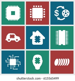 Chip icons set. set of 9 chip filled icons such as Casino chip and money, cookie, CPU, CPU in house, CPU in car