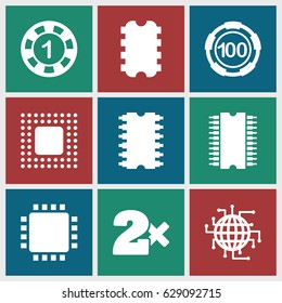 Chip icons set. set of 9 chip filled icons such as Casino bet, cpu, CPU