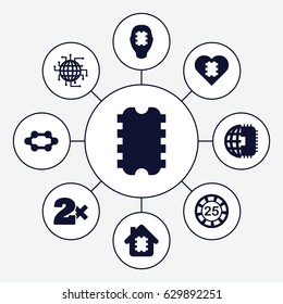 Chip icons set. set of 9 chip filled icons such as 25 casino chip, casino bet, cpu in house