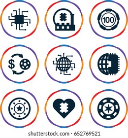 Chip icons set. set of 9 chip filled icons such as cpu, cpu in heart