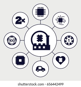 Chip icons set. set of 9 chip filled icons such as casino bet, cpu