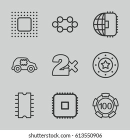 Chip icons set. set of 9 chip outline icons such as Casino bet, CPU, CPU in car