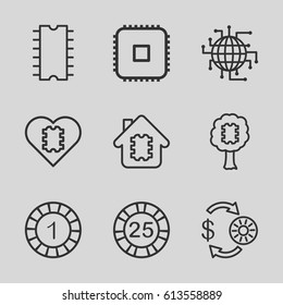 Chip icons set. set of 9 chip outline icons such as CPU, CPU in house, CPU in tree, CPU in heart