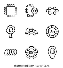 Chip icons set. set of 9 chip outline icons such as cookie, cpu