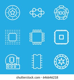 Chip icons set. set of 9 chip outline icons such as cpu