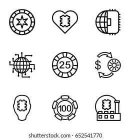 Chip icons set. set of 9 chip outline icons such as cpu