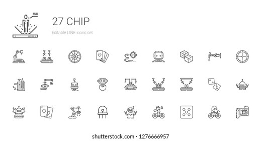 chip icons set. Collection of chip with dice, robot, diode, industrial robot, poker, motherboard, dices, cpu, roulette. Editable and scalable chip icons.