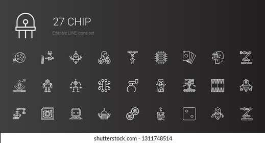 chip icons set. Collection of chip with dice, robot, biscuit, cpu, industrial robot, cookies, electronic, poker, backgammon, artificial intelligence. Editable and scalable chip icons.