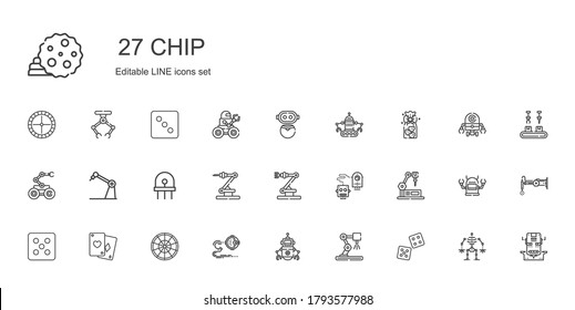 conjunto de iconos de chip. Colección de fichas con dados, robot industrial, robot, ruleta, póquer, diodo, galletas, galletas. Iconos de chip editables y escalables.