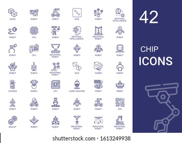 Chip-Icons-Set. Kollektion von Chip mit Würfeln, Roboter, Würfel, künstliche Intelligenz, cpu, Industrieroboter, Poker, Cookies, Süßigkeiten, Kekse. Bearbeitbare und skalierbare Chip-Symbole.