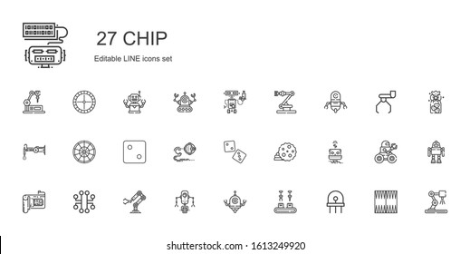 chip icons set. Collection of chip with diode, industrial robot, robot, electronic, cpu, cookie, dice, roulette, backgammon, cookies. Editable and scalable chip icons.