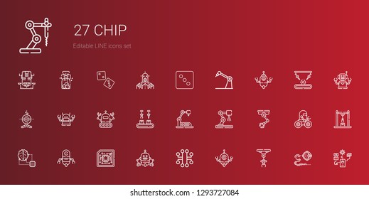 chip icons set. Collection of chip with industrial robot, robot, electronic, cpu, artificial intelligence, dice, cookies. Editable and scalable chip icons.