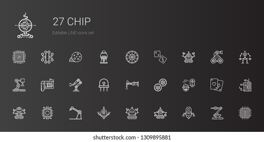 chip icons set. Collection of chip with robot, cpu, biscuit, diode, industrial robot, dice, roulette, motherboard, poker, candy machine, cookie. Editable and scalable chip icons.