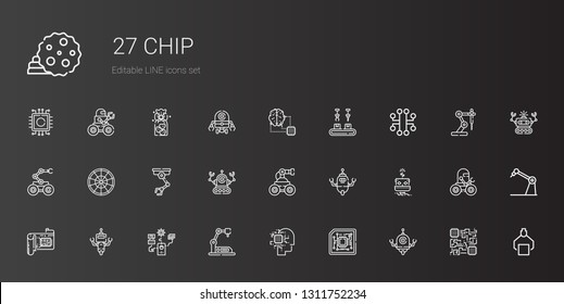 chip icons set. Collection of chip with robot, cpu, artificial intelligence, industrial robot, roulette, electronic, cookies, cookie. Editable and scalable chip icons.