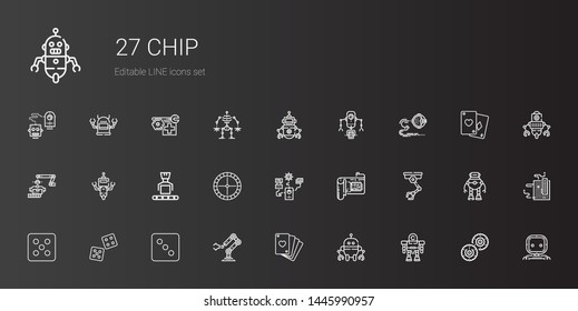 chip icons set. Collection of chip with robot, poker, industrial robot, dice, cpu, roulette, biscuit, motherboard. Editable and scalable chip icons.