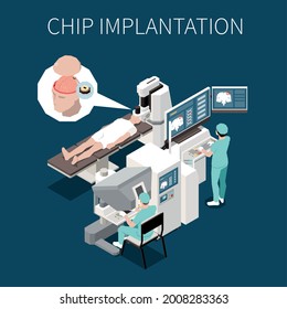 Chip Implantation Isometric Background Illustrated High Tech Surgery Operation Of Implant Installation Into Human Brain Vector Illustration 