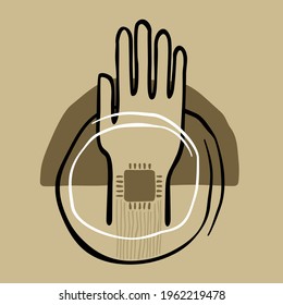Chip Implanting concept. Hand with integrated micro cpu in abstract decoration. Vector illustration