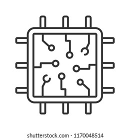 Chip linear icon. Processor. Central processing unit. Thin line illustration. Artificial intelligence. Contour symbol. Vector isolated outline drawing. Editable stroke