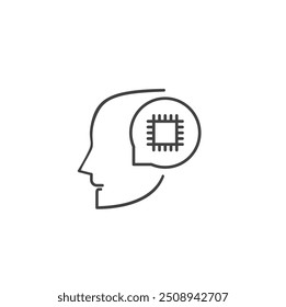 Chip on mind line icon isolated on background artificial intelligence or logical mind outline icon technology on head logo icon. Thinking about chip sign symbol on white background