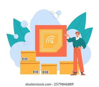 Chip on products. Man near cardboard boxes with barcode or qr code. Inventory on warehouse. Shipping and distribution. Delivery, transportation and logistics. Flat vector illustration