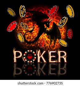 chip poker dragon neon. vector illustration for your design.Created on black background. caplet inscription and flying chips