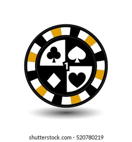 Chip For Poker Yellow Four Suits And Figure One And A White Dotted Line The Line. An Icon On The White Isolated Background. Illustration Eps 10 Vector. To Use For The Websites, Design, The Press