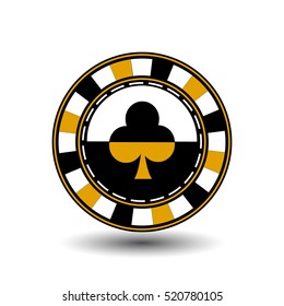 chip for poker a yellow suit club yellow black an icon on the white isolated background. illustration eps 10 vector. To use for the websites, design, the press, prints...