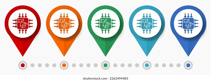 Chip, processor concept vector icon set, flat design circuit pointers, infographic template