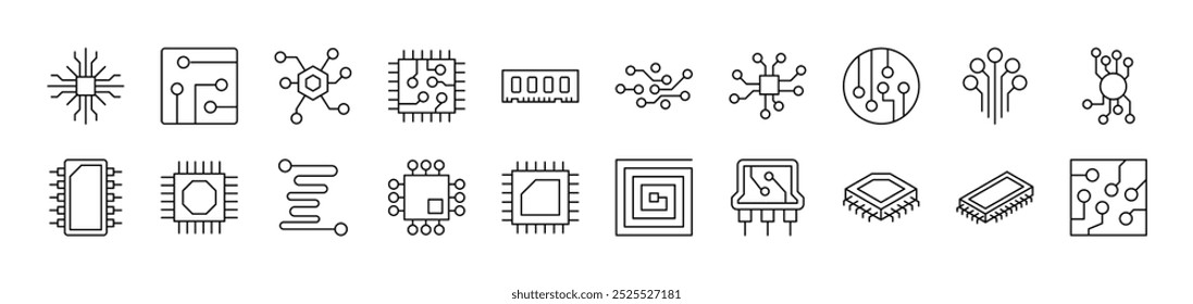 Chip und Scheme line Icon Pack. Bearbeitbarer Strich. Minimalistisches lineares Piktogramm für das Design von Karten, Apps, Bannern, Posts